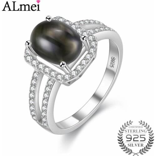 Almei 3.5ct Gray Oval Star Sapphire Wedding Rings 925 Sterling-Silver-Jewelry for Women Gemstone Jewelry with Free Box 40% FJ036