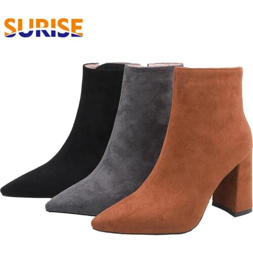 Big Size Winter Women Ankle Boots Black Brown Flock High Block Heel Pointed Toe Party Office Lady Plush Zipper Dress Short Boots