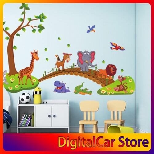 Kawaii Big Jungle Animals Bridge PVC Wall Stickers Kids Bedroom Wallpaper Decals Children Bedroom Nursery Decoration