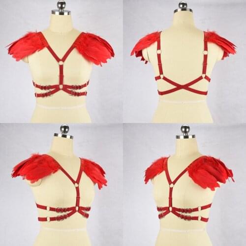 Red/Black/White Feather Harness Harajuku Shrug Harness Bra Feather Cage Bra Lolita Feather Bra Sexy Bodysuit O0350