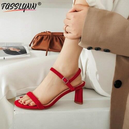 TASSLYNN 2021 Summer Women Shoes High Heel Buckle Strap Kid Suede Shoes Sandals Women Party Mature Red Open Toe Shoes