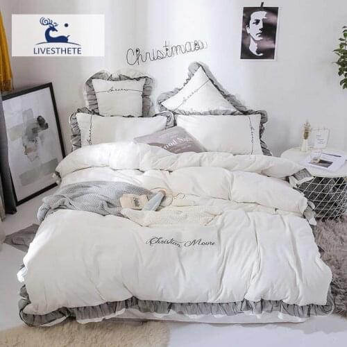 Liv-Esthete Luxury Beauty White 100% Cotton Bedding Set Lace Printed High Quality Duvet Cover Flat Sheet Queen King Girl Gift