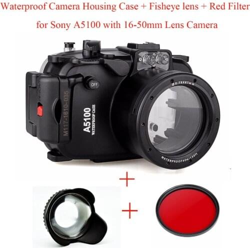 Meikon 40M/130ft Waterproof Camera Housing Case for Sony A5100 16-50mm,Underwater Camera Bags Case + Fisheye lens + Red Filter