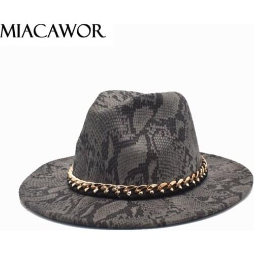 MIACAWOR New Wool Fedoras Hats Women Autumn Winter Snake Print Chain Wide Brim Panama Jazz Caps Vintage Cowboy Hat Men F113