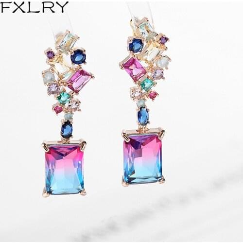 FXLRY Fashion Cz Geometric Irregular Zircon Stitching Colorful Earrings For Women Jewelry
