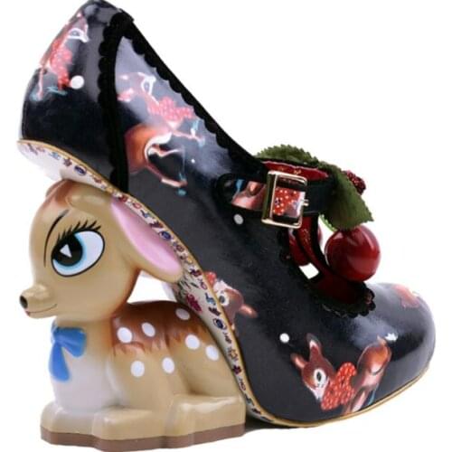 Moraima Snc Strange Heels Woman Shoe Round Toe Animal Printed Leather Shoes Ankle Strap Wedge Deer Heels Pumps