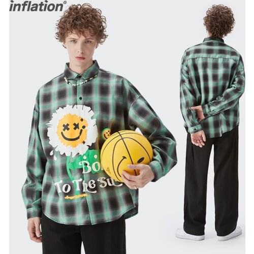 INFLATION Plaid Long Sleeve Shirt Men Sun Flower Printed Couple Shirt 2021 Trendy Streetwear Shirts For Men Cool Oversized Shirt