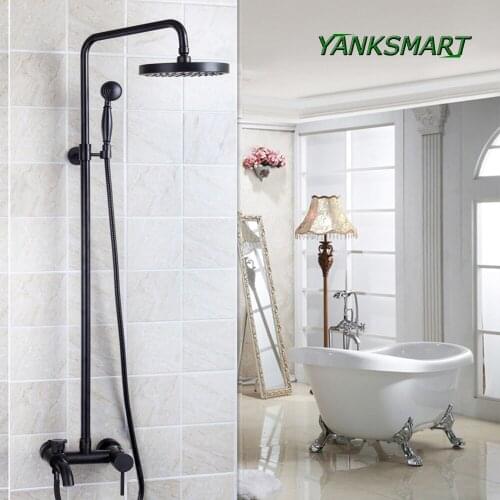 YANKSMART Bathroom Shower Black Oil Rubbed Bronze Wall Mounted Shower Rainfall Faucet 8" Shower Head Mixer Water Tap Set