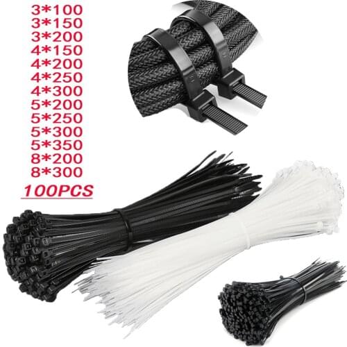 100PCS nylon cable tie, self-locking black plastic winding cable tie, fixed cable tie, various specifications 3X200 5X300