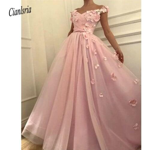 2020 New Prom Dresses off the shoulder Prom Dresses Flowers Appliques Beautiful Princess dress Ball Gown robe de soiree