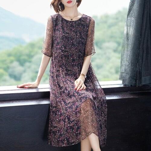 New 2021 Summer Middle Aged Women Half Sleeve Midi Dress Female Print Plus Size 5xl Faux Mulberry Silk Dresses Vestidos Y810