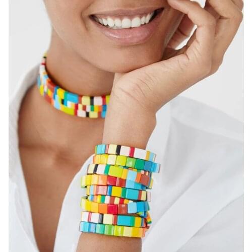 New Fashion Enamel Tile Bracelets Stackable Bracelet for Women Bohemian Rainbow Stretch Bracelets Strand Bangle for Women Men