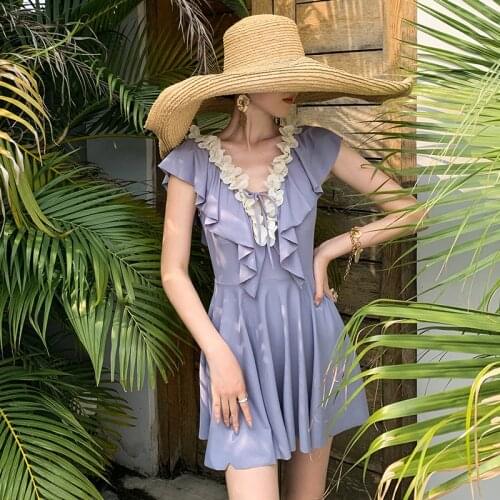 New Women One Piece Swimsuit Korean Style Suspender Ruffled Swimwear High Wasit Pleated Skirt Bathing Suit with Pads Wire-free