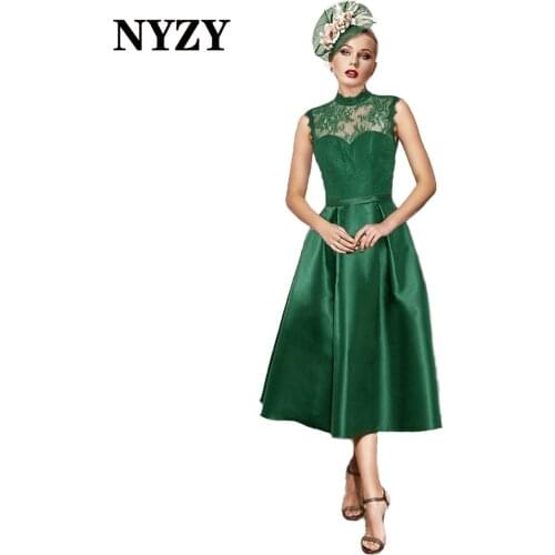 NYZY M394C High Neck Lace Satin Sleeveless Green Mother of the Bride Dresses 2021 Short Party Dress Prom Cocktail Evening Gowns