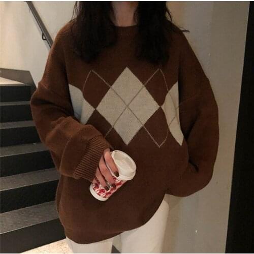 Autumn Winter Sweater Women Casual Rhombic Lattice Knitted Sweater Chic Oversized Pullovers Long Sleeve Top Streetwear