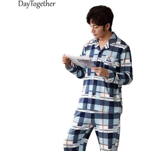 Mens Cotton Pajamas Large Size Lapel Long-sleeved Plaid Pants Suit Nightwear Pyjamas men