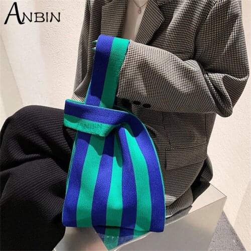Womens Winter Handbag Woolen Knitted Clash Color Striped Shoulder Wrist Bag Vintage Capacity Shopping Tote Female Leather Strap