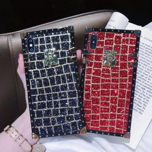 Luxury Glitter Powder Grid Rivet Square Case For iPhone 11 Pro XS Max XR X 8 7 6S Plus Samsung Galaxy NOTE 10 9 8 S10E/9/8 Plus