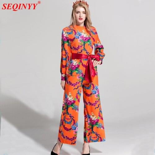 SEQINYY Womens Suit Pants 2018 Spring Summer Retro Loose Top + Wide Pants Colorful Flowers Printed Elegant Orange Trousers Set