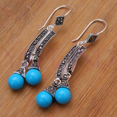 Round Balls Blue Natural Turquoise 925 Sterling Silver Hooks Earrings