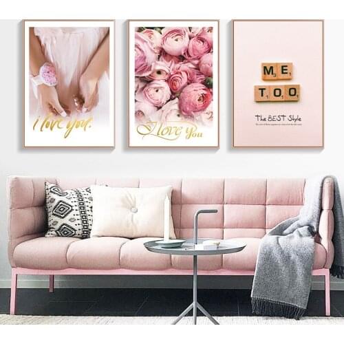 Nordic Floral Picture Pink Peony Flower Canvas Painting Poster Print I Love You Wall Art Bedroom Living Room Home Decoration