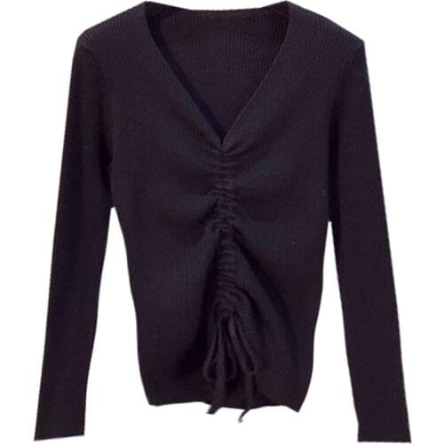 ZG1070 2020 Spring and autumn new women fashion V collar slim pullover drawstring long sleeve knit sweater cheap wholesale