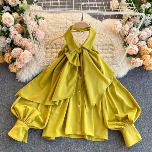 2021 Spring Autumn New Blouse Women Halter Scheming Halter Shirt Bowknot Lapel Puff Sleeve Female Top Y031