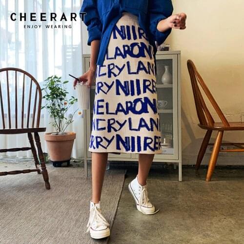 CHEERART Sweater Skirt Women Letter Print Knitted Korean Skirt Hgih Waist Long Winter Wrap Skirt Designer 2019 Fashion