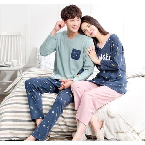 Women and men new Korean long sleeve trousers 2019 spring and autumn couples cotton cute women and men pajama sets pajamas