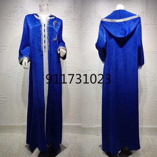 Women Arabic Muslim Abaya Dubai Dress Blue Moroccan Kaftan Hooded Robe 2021 Fall Diamond Turkish Islamic Jalabiya