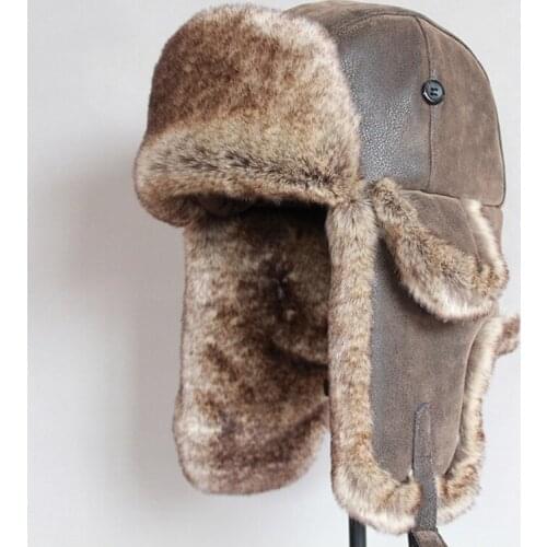 Bomber Hats Winter Men Warm Russian Ushanka Hat with Ear Flap Pu Leather Fur Trapper Cap Earflap 2021 New