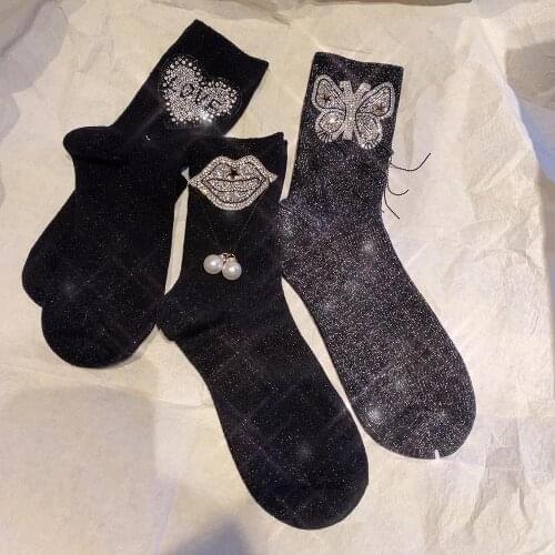 2021 New High Quality Fashion Girl Star Mid-High Tube Thermal Socks Candy Color Rhinestone Crystal Socks Women Socks Wholesale