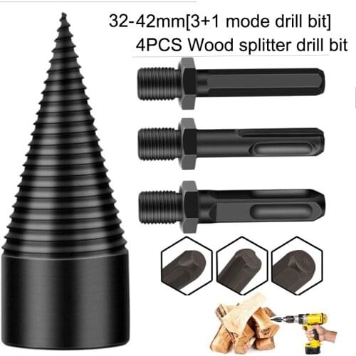 4PCS Firewood Drill Bit Detachable Firewood Wood Splitter Drill Bit Cone Driver for Hand Drill Hexagon Square Round Log Divider