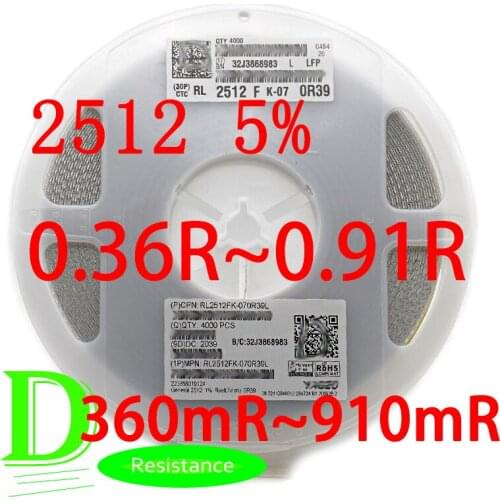 50PCS SMD Resistor 2512 5% RL2512JK-07 1W Series 0.36R 0.39R 0.4R 0.43R 0.47R 0.5R 0.51R 0.56R 0.62R 0.68R 0.75R 0.82R 0.91R