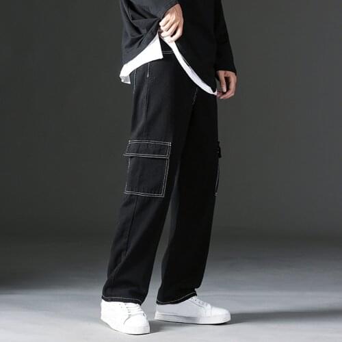 Mens Cargo Pants Solid Fashion Casual Print Denim Straight Plaid Wide Pants Drawstring Pocket Jeans Loose Trousers