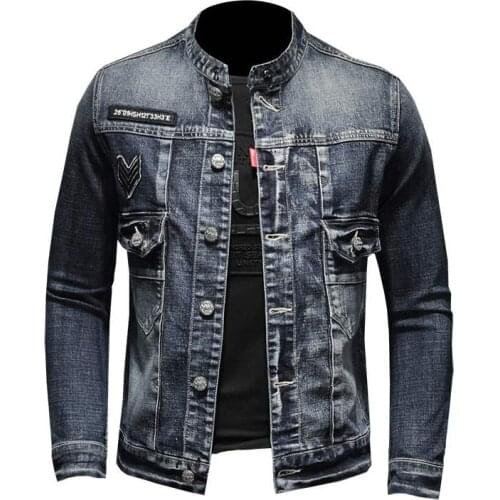 Chaqueta de estilo europeo para hombre, chaqueta vaquera azul con cuello levantado y una botonadura, estilo piloto, informal par