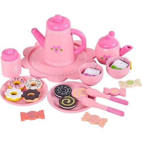 Wooden Kitchen Toy Pink Cake Dessert Tea Set Simulation Kitchen Accessories Pretend Play Toys for Children Girls Birthday Gift