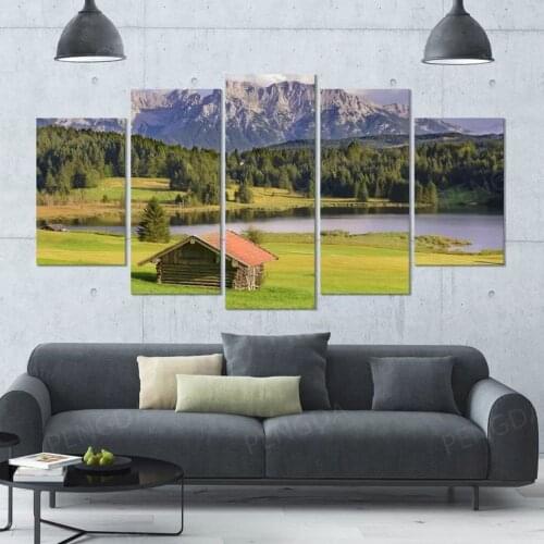 Home Decor Bedroom Wall Art 5 Panel Mountain Lake Canvas Painting HD Prints Modular Cabin Woods Landscape Poster Frame Pictures