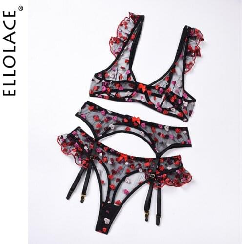 Ellolace Ruffled Sexy Lingerie Set Heart-Shaped Embroidery Underwear Set Bra with Bones Transparent 3 Piece Set Erotic Lingerie