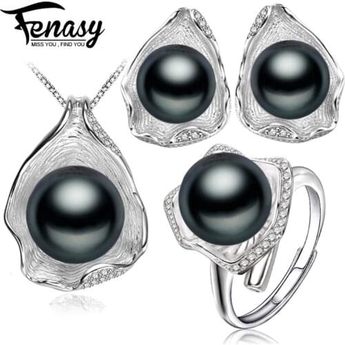 FENASY Natural Pearl Jewelry Sets 925 Sterling Silver Pearl Pendant Necklaces For Women Pearl Stud Earrings Big Party Ring