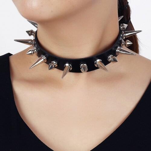 Gothic Punk Rock Cuspidal Spikes Rivet Choker Necklace Sexy Black Leather Chain Cone Stud Charm Club Party Fashion Jewelry Gift