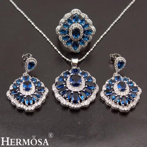 Hermosa London Bluetopaz Wedding Jewelry Sets Natural Stone Silver Color Earrings Necklace Ring Size 7