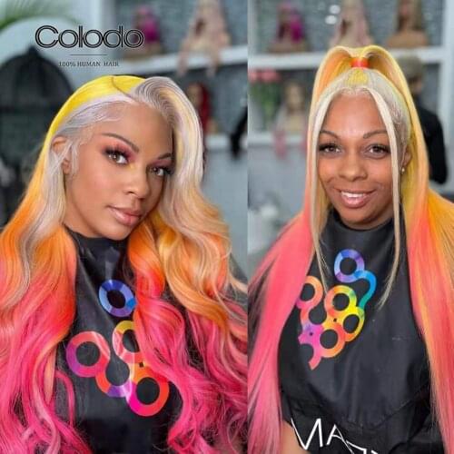 COLODO Amazing Yellow Rainbow Color Lace Front Human Hair Wigs Pre Plucked Brazilian Remy Transparent Lace Wigs for Women