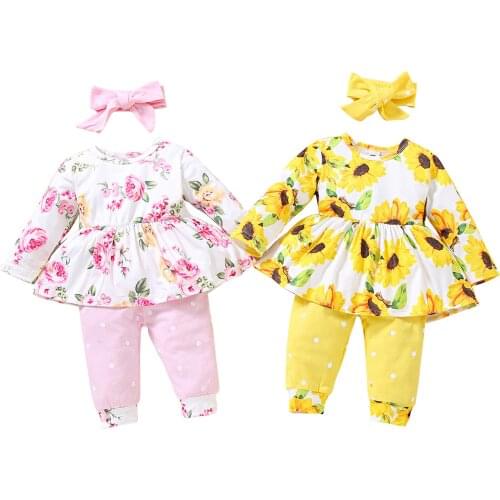 Baby Girls Clothes Set, Floral Print Long Sleeve O-neck Tops+Dot Print Trousers+Bow-knot Headband 1-4T
