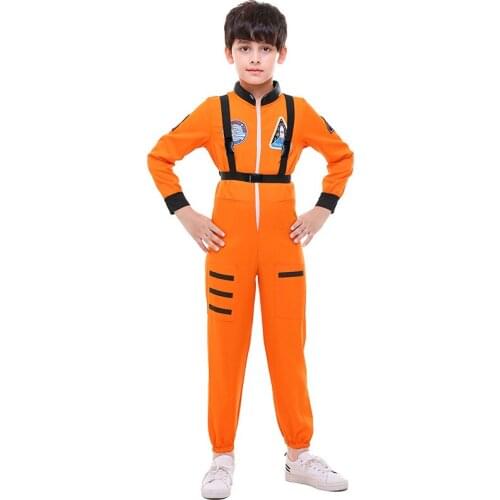 Boy White Orange Astronaut Costume Space Mens Suit Jumpsuit With Strap Kid Gift Book Week Outfit Size S-XL