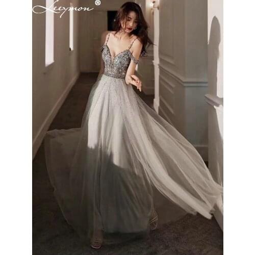 Leeymon 2020 Sexy Bare Back Luxury Beaded Prom Dress Tulle Floor-Length Spaghetti Strap Party Dress Custom Made