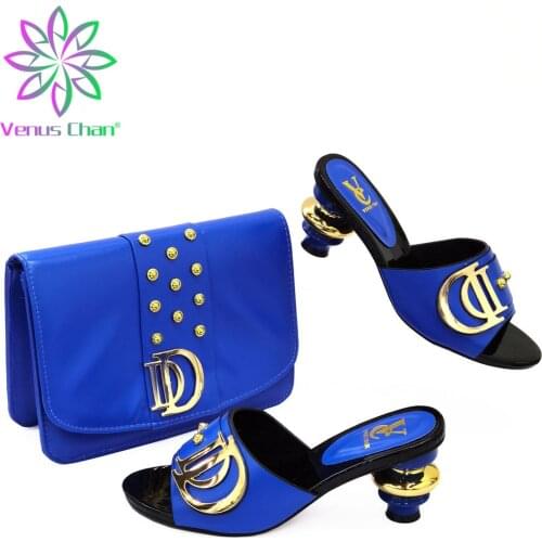 Summer Slippers Strap Sandal in Royal Blue African Women Shoes and Bag to Match Italian Lady Shoes Matching Hang Bag for Party