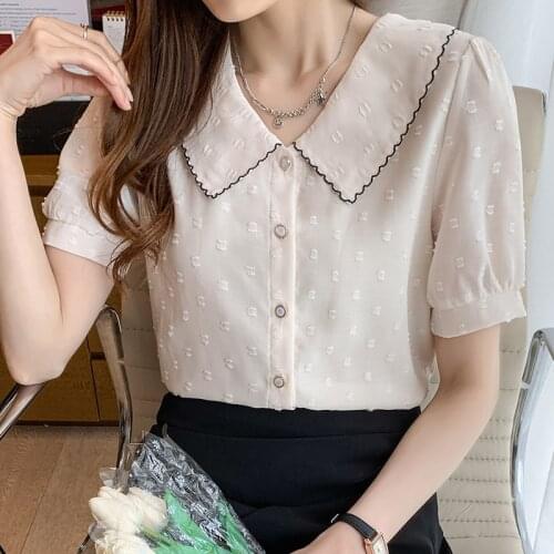 2021 Summer Baby Collar Chiffon Shirt Womens Chiffon Shirt Short Sleeve Loose Sweet Top Fashion Women Blouses