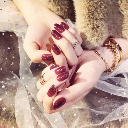 24Pcs Elegant Wine Red With Gold foil Bling Christmas New Year Fake Nails Press on Nail Artificial Nail Dinner Party Wedding