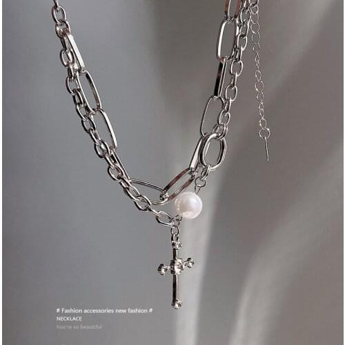 2021 New Trendy Punk Pearl Chunky Cross Layered Pendant Necklace for Women Men Thick Silver Metal Chain Necklace Hip Hop Jewelry